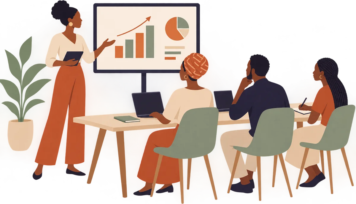 Illustration : une formatrice présente un graphique sur un grand écran à trois apprenants assis devant leurs ordinateurs.